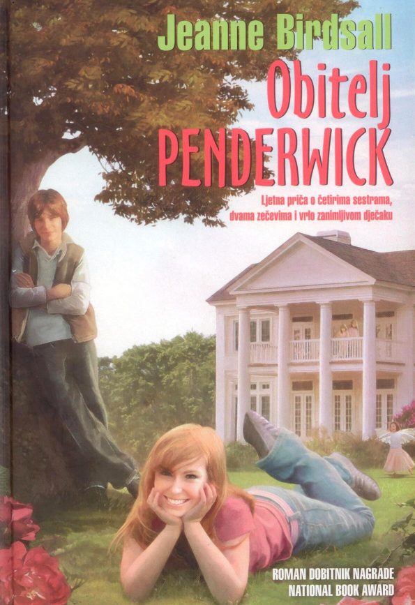 Obitelj Penderwick,Jeanne Birdsall, dječak naslonjen na drvo, djevojčica leži na travi.