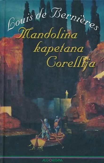 Naslovnica romana Mandolina kapetana Corellija Louisa de Bernieresa s ilustracijom inspiriranom Kefalonijom i motivima rata i glazbe.