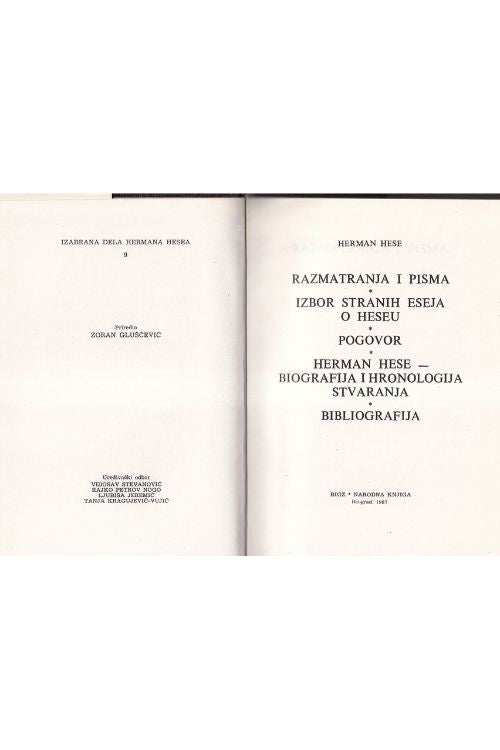 Razmatranja i pisma | Izbor stranih eseja o Heseu | Pogovor | Herman Hese -biografija i hronologija stvaranja | bibliografija - Hermann Hesse, naslovnica knjige