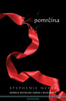Pomrčina, autorice Stephenie Meyer, poderana crvena vrpca na crnoj podlozi.