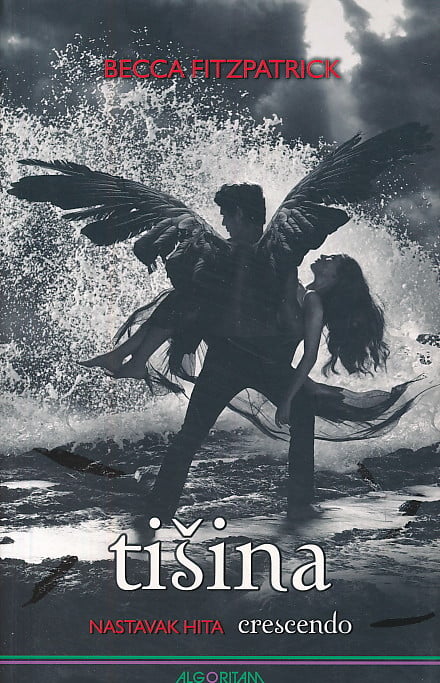 Becca Fitzpatrick, Tišina, muškarac s krilima drži ženu u naručju kraj pjenušavog vala.