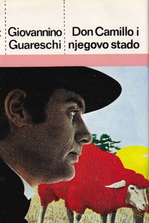 Naslovnica knjige Don Camillo i njegovo stado, autora Giovannina Guareschija s profilom čovjeka sa šeširom i crvenom ovcom.
