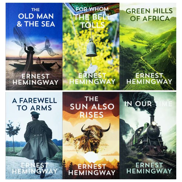 Ernest Hemingway Collection 6 book set (For Whom The Bell Tolls, A Farewell To Arms, Green Hills Of Africa, The Old & The Sea, In Our Time, The Sun Also Rises) - Ernest Hemingway, book cover