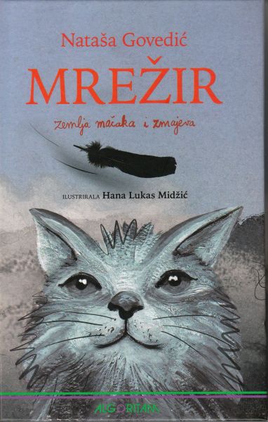 Nacrtana glava sivog mačka na naslovnici knjige za djecu Mrežir Nataše Govedić.