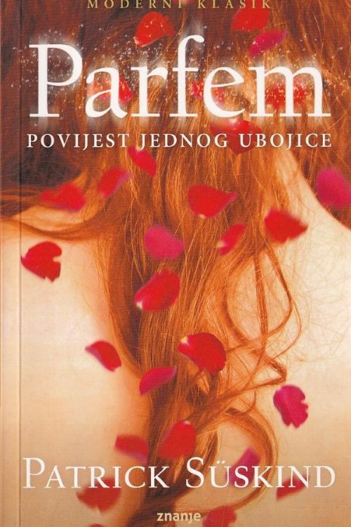 Žena s golim leđima, narančastom kosom i ružinim laticama na naslovnici romana Parfem, Patrick Süskind.