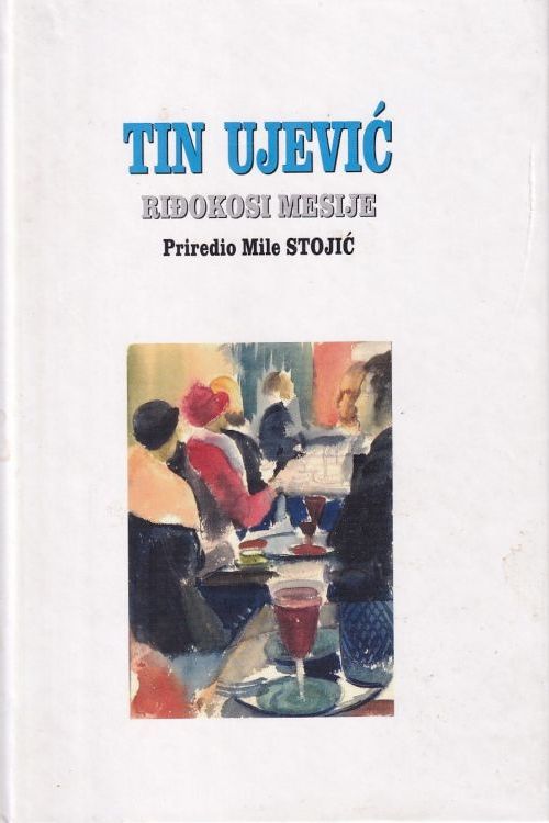 Naslovnica knjige Riđokosi mesije, autora Tina Ujevića, akvarel koji prikazuje muškarce i žene u kavani.