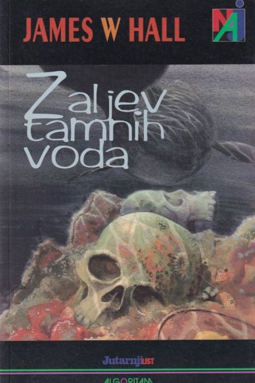 Siva naslovnica 
s glavama kostura u knjizi zaljev tamnih voda autora Jamesa Halla.